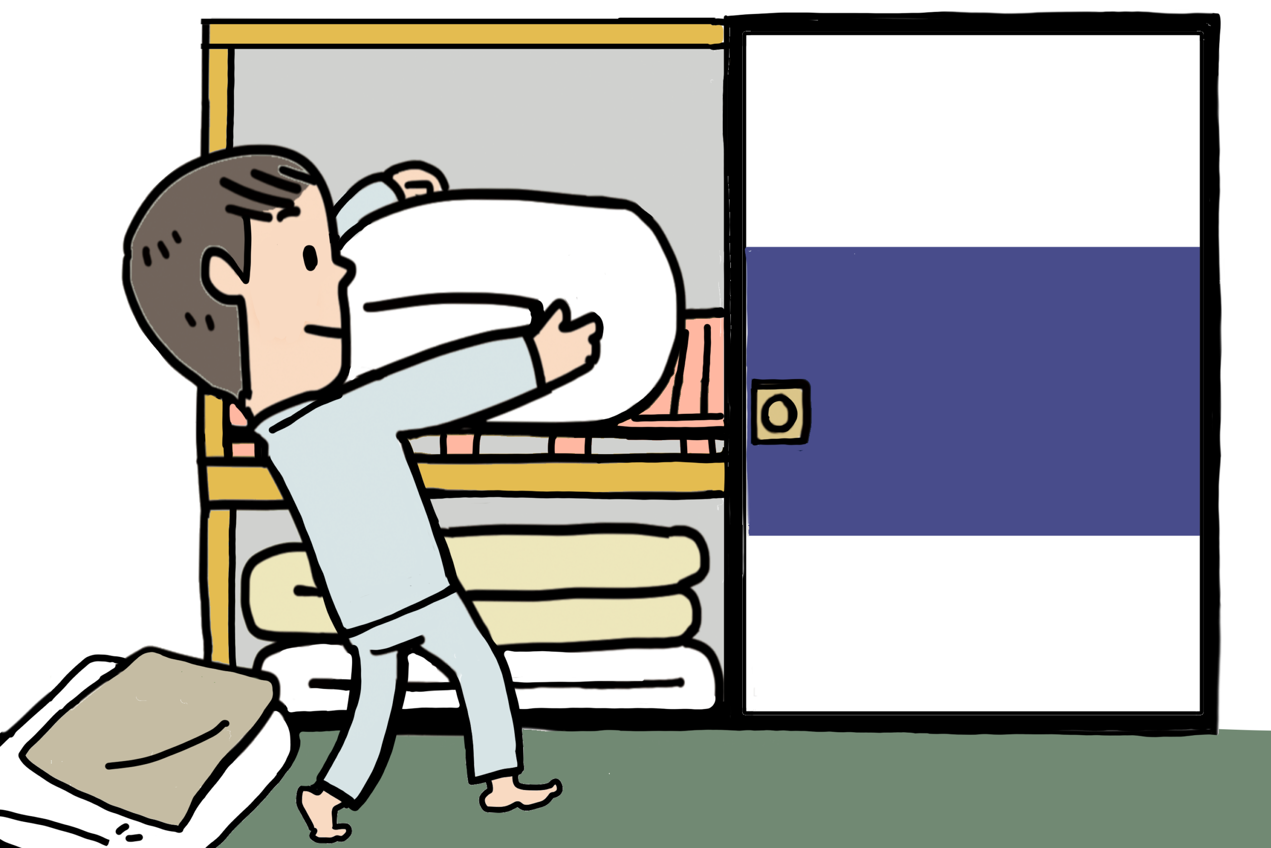 押し入れに布団をしまう男性